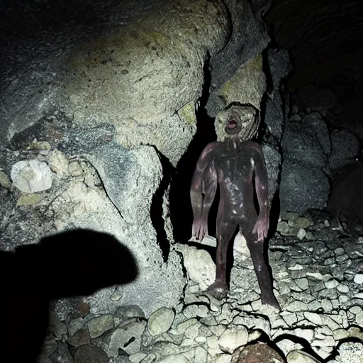 Image similar to photo inside a cavern of a scary humanoid partially hidden in the shadows behind a rock with wet lizard skin and a mouth with sharp tooth and black eyes