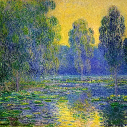 Image similar to impressionistic oil painting, monet, trees and river in the early evening, pastels