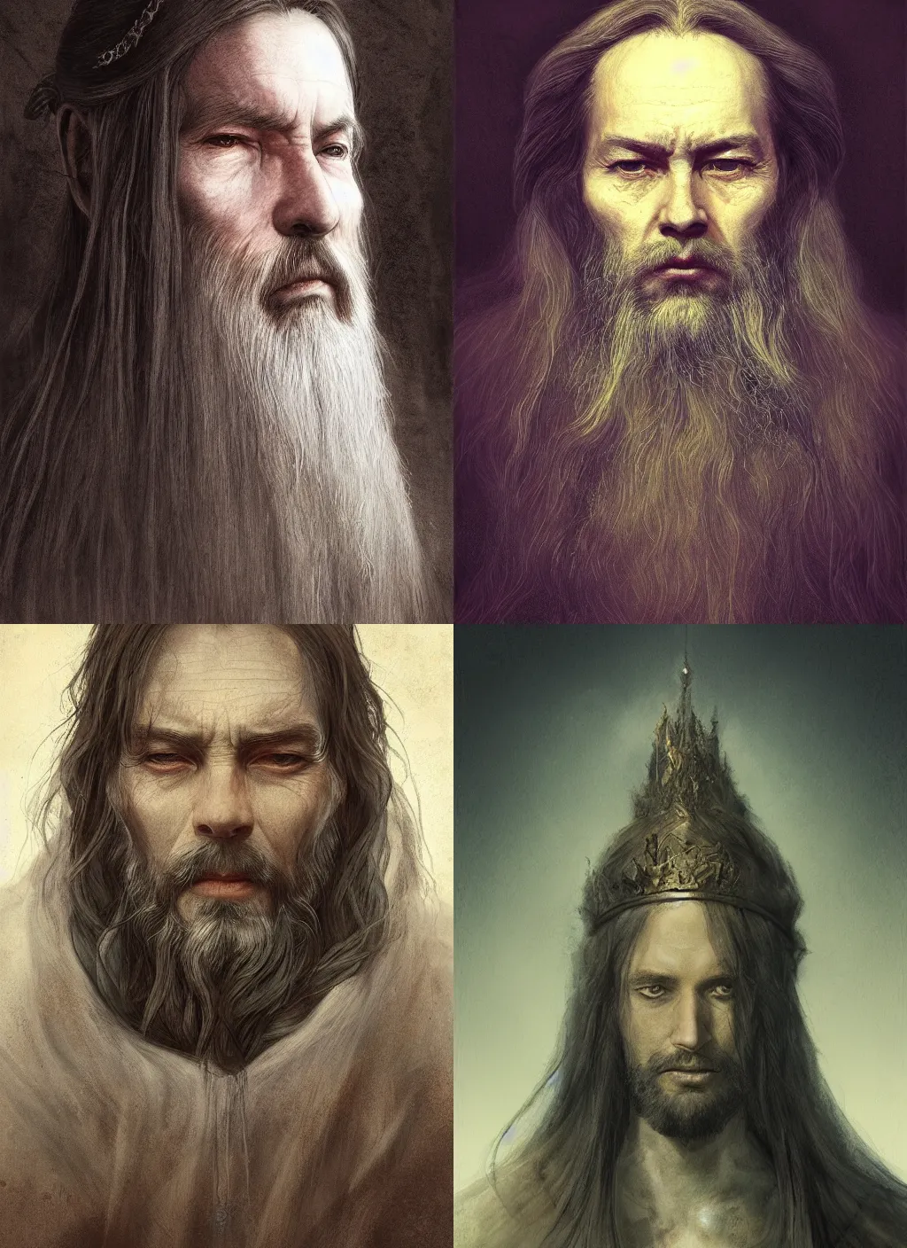 Prompt: portrait of a gentle and wise king with long hairs in alan lee and marc simonetti and emil melmoth style , cinematic lighting