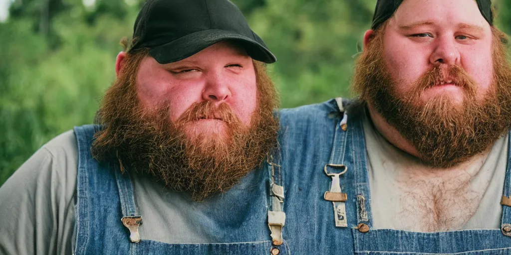Prompt: obese redneck white male with long beard, wearing dirty overalls, dirty face, grin, portrait, close up, kodak gold 2 0 0, 5 0 mm