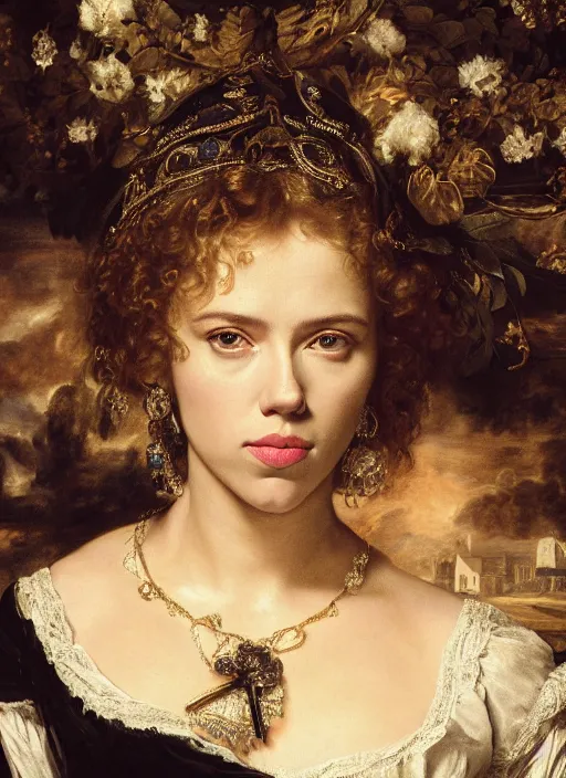 Image similar to Beautiful ,black cannery , Scarlett Johansson,, Dramatic, Edge, Good, Infused, Backlight, De-Noise, VFX, insanely detailed and intricate, hypermaximalist, facial ,elegant, ornate, hyper realistic, super detailed, by Anthony Van Dyck, by Ivan Shishkin, by John Constable