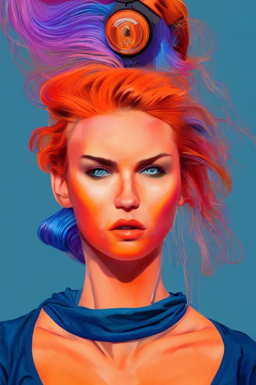 Image similar to a award winning half body portrait of a beautiful caucasian woman in a croptop and cargo pants with ombre orange blue teal hairstyle with head in motion and hair flying by martine johanna and will eisner, outrun, vaporware, digital art, trending on artstation, highly detailed, fine detail, intricate