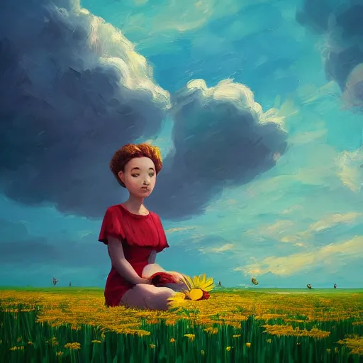 Image similar to giant daisies flower as head, girl sitting in a flower field, surreal photography, sunrise, dramatic light, impressionist painting, colorful clouds, digital painting, artstation, simon stalenhag