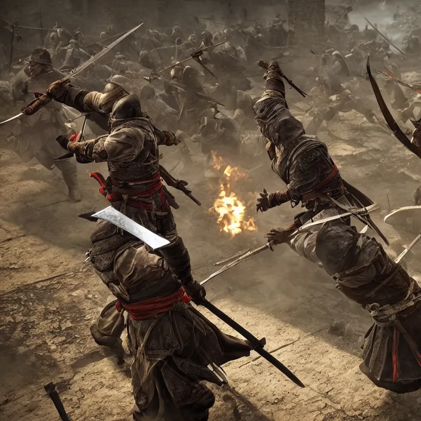 Prompt: Ingame Screenshot of Assassins' Creed : the great war, for ps5, Dark, Highly Detailed, Feudal era Japan, Shinobi, Ninja, Tokyo, Ghost of Tsushima and Sekiro as references, Wielding Kunai, Unreal engine 5, HD, Ultra Graphic settings, 8k, GTX 3090, 🔥 😎 🕹️ 👀 :2 ,Ninja, Stealth, Shinobi, Smoke :4