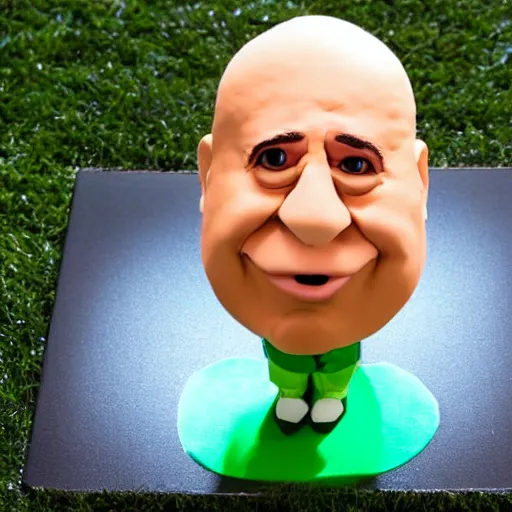 Prompt: studio portrait still of!!!! grasshead toy!!!! shaped as danny devito!!! touches his green grass head, highly detailed, accurate, symmetrical, studio lighting, key light