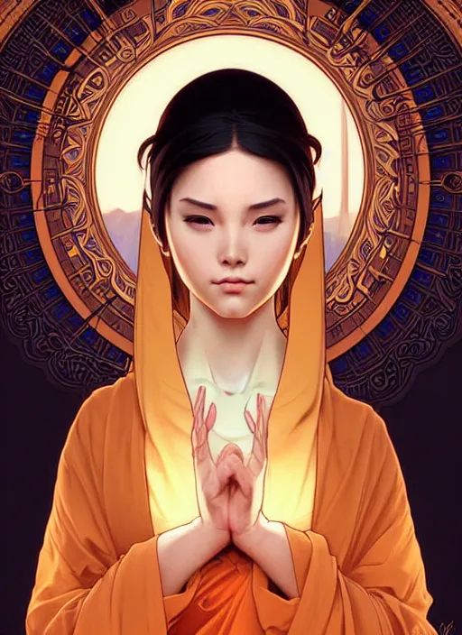 Prompt: A beautiful female monk, highly detailed, digital painting, smooth, sharp focus, symmetrical tarot illustration, art by artgerm and alphonse mucha, high definition digital art, in the style of Ross tran and ilya kuvshinov