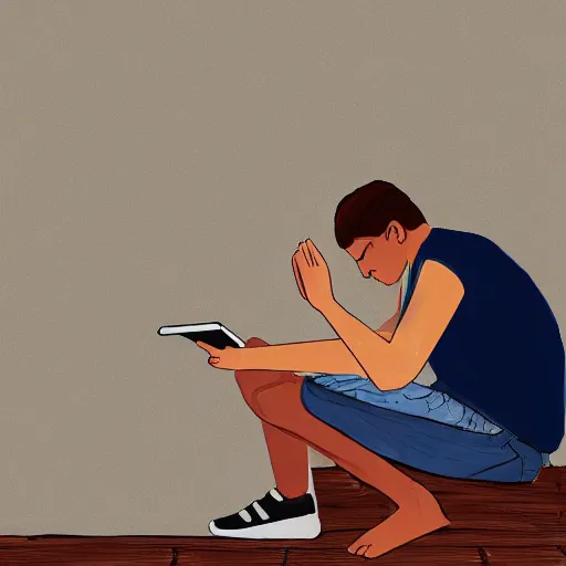 Image similar to a male teenager praying for a divine smartphone in front of him, digital art