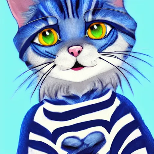 Image similar to cute blue striped cat of cheshire from alice in wonderland. an adorable cat with light blue stripes, blue eyes and a big playful smile. award - winning digital art by mona sundberg, trending on artstation