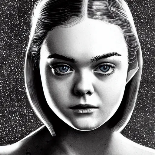 Image similar to professional painting of Elle Fanning in the style of Alien 1979, head and shoulders portrait, symmetrical facial features, smooth, sharp focus, illustration, intricate, stormy weather, extremely detailed masterpiece,