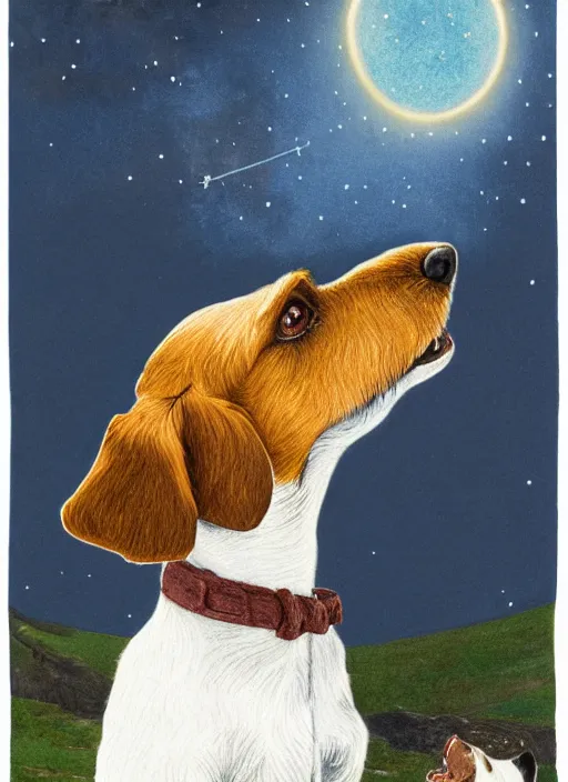 Image similar to portrait of jack russel dog looking up and howling with mouth open sad, night sky, highly detailed, side view, illustrated by peggy fortnum and beatrix potter and sir john tenniel