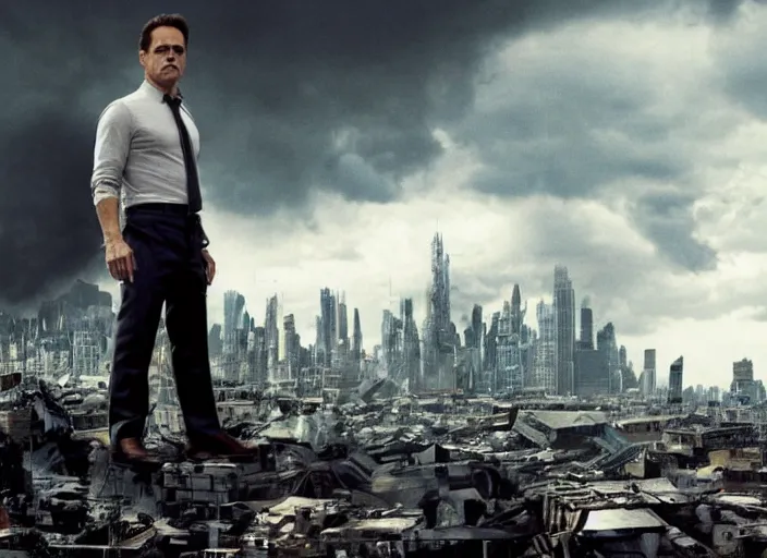 Image similar to film still of Robert Downey Jr as Cobb with the city crumbling in the background in Inception, 4k