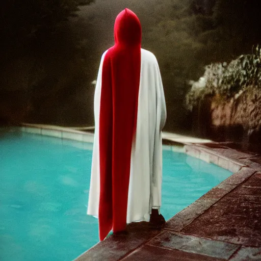 Prompt: woman in hooded cloak standing in a pool, kodak vision3 500t