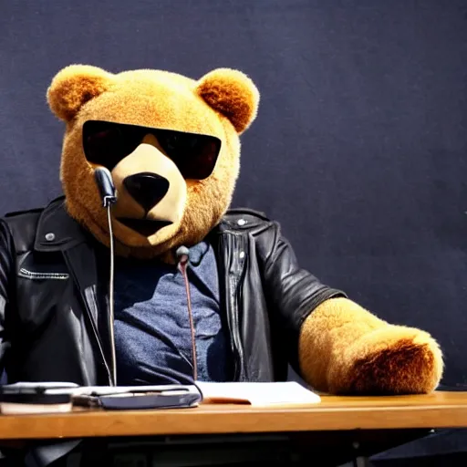 Prompt: an oversized bear on a podcast, sitting at a table in front of a mic, wearing sunglasses and a leather jacket