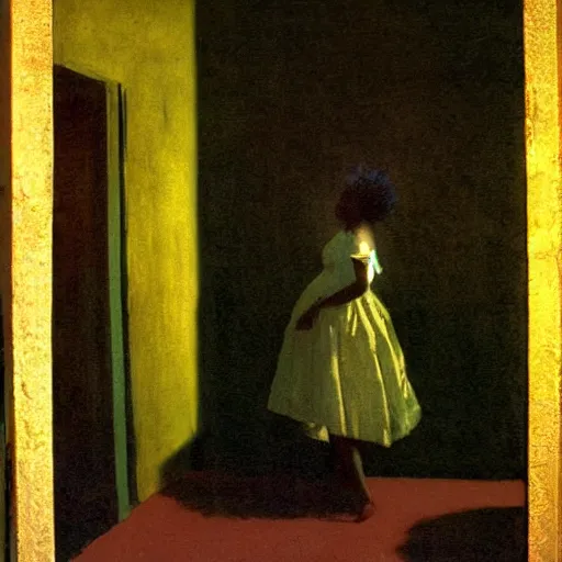 Image similar to a black girl in a gold haunted liminal room, vintage photo by goya, idea by balthus, colors by pontormo, lights by hopper, extreme detail, liminal aesthetic, background art nouveau,