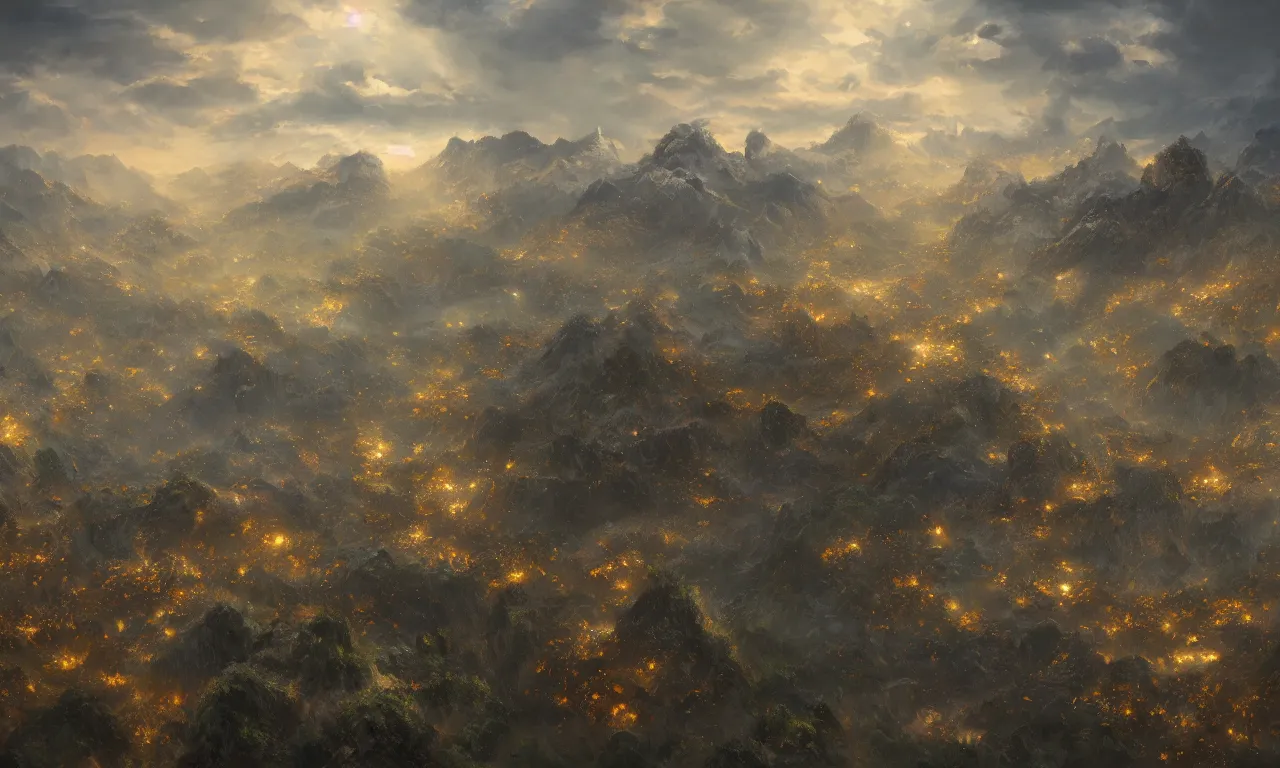 Image similar to breathtaking detailed digital painting of an aerial view of luxurious nature, mountains rocks at dawn with intricate ribbons and golden petals flying, with moody dark tumultuous clouds, by dao trong le, artstation, concept art, matte, 8 k,