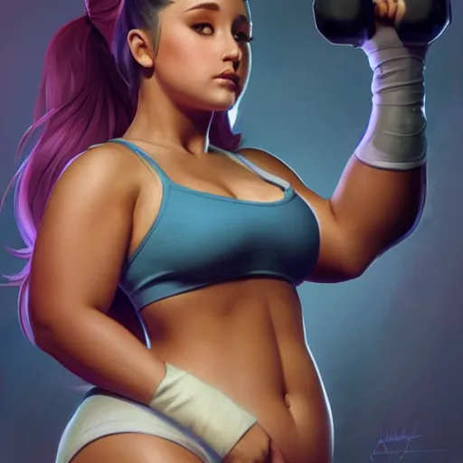 Prompt: Chubby Ariana Grande working out, very thick waist, Mark Edward Fischbach, intricate, highly detailed, digital painting, artstation, concept art, smooth, sharp focus, illustration, Unreal Engine 5, 8K, art by artgerm and greg rutkowski and alphonse mucha