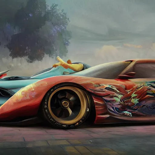 Prompt: custom street racing car, elegant, digital painting, concept art, smooth, sharp focus, art style from Wang Ke and Greg Rutkowski and Bruce Kaiser and Scott Robertson and Dmitry Mazurkevich and Doruk Erdem and Jon Sibal, small style cue from iRobots