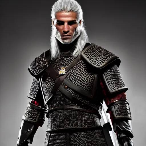 Image similar to cristiano ronaldo wearing Geralt of Rivia's armor, promo shoot, studio lighting,