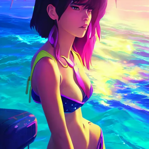 Image similar to neon bikini woman in the ocean | hyperrealistic digital painting by makoto shinkai, ilya kuvshinov, lois van baarle, rossdraws | afrofuturism in the style of hearthstone and overwatch, trending on artstation