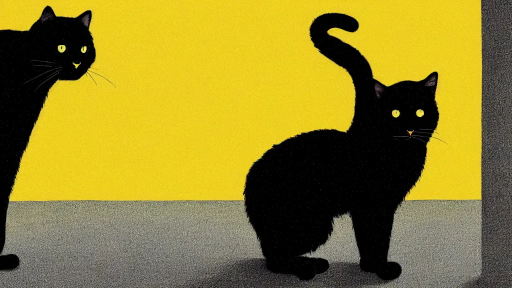 Image similar to a very detailed image of a big black cat wearing a yellow raincoat standing on his back feet in a style of sid mead, cinematic, wide lens, film still from the movie directed by denis villeneuve