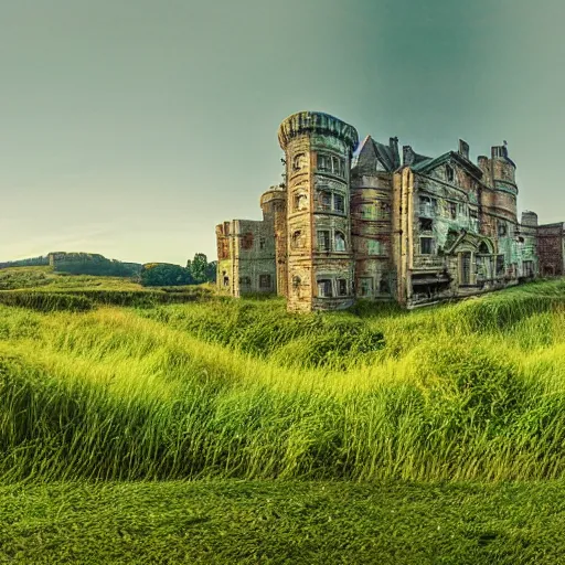Prompt: 8 k film still, panorama view of a castle in the middle of a green field hyperdetailed digital matte painting by greg rurtowski and dylan cole, derelict, overgrown, golden hour.