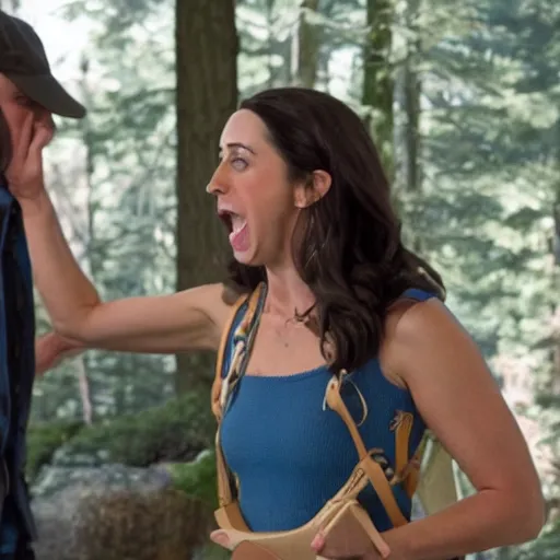 Image similar to Catherine Reitman screams at grizzly bear