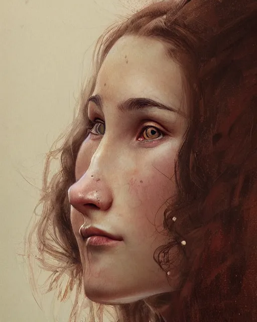 Image similar to portrait of 1 5 - year - old girl with thick brown hair, large front teeth, and bright piercing brown eyes, hyper realistic face, beautiful eyes, fantasy art, in the style of greg rutkowski, intricate, hyper detailed, smooth