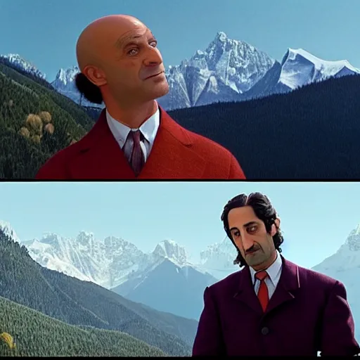 Image similar to Poetic sequence in Mr. Clean, a movie by Wes Anderson starring Adrian Brody. Adrian Brody tries to clean the windows of a large hotel in the Alps with mountain in the background. Splendid Wes Anderson colors, cinematic, very crisp