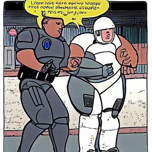 Prompt: robocop arresting obese british people, detailed