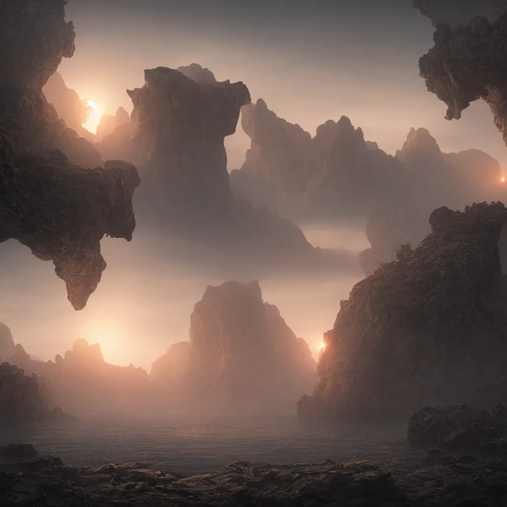 Prompt: An incredibly beautiful but ominous matte painting depicting a landscape with three suns, overgrowing a desolate ruins submerged in fog beneath the setting suns, nvidia, vray, evening, epic scale, octanerender