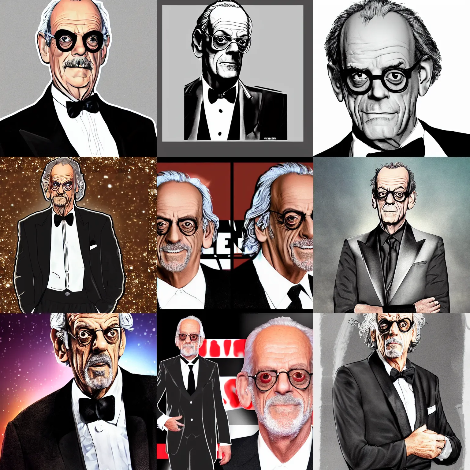 Prompt: Christopher Lloyd in a black tuxedo. GTA loading screen art