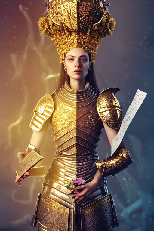 Image similar to hyperdetailed matte illustration of a female knight wearing an ornate gold headpiece and holding a flower with a map of the collective subconscious in the background by octane render