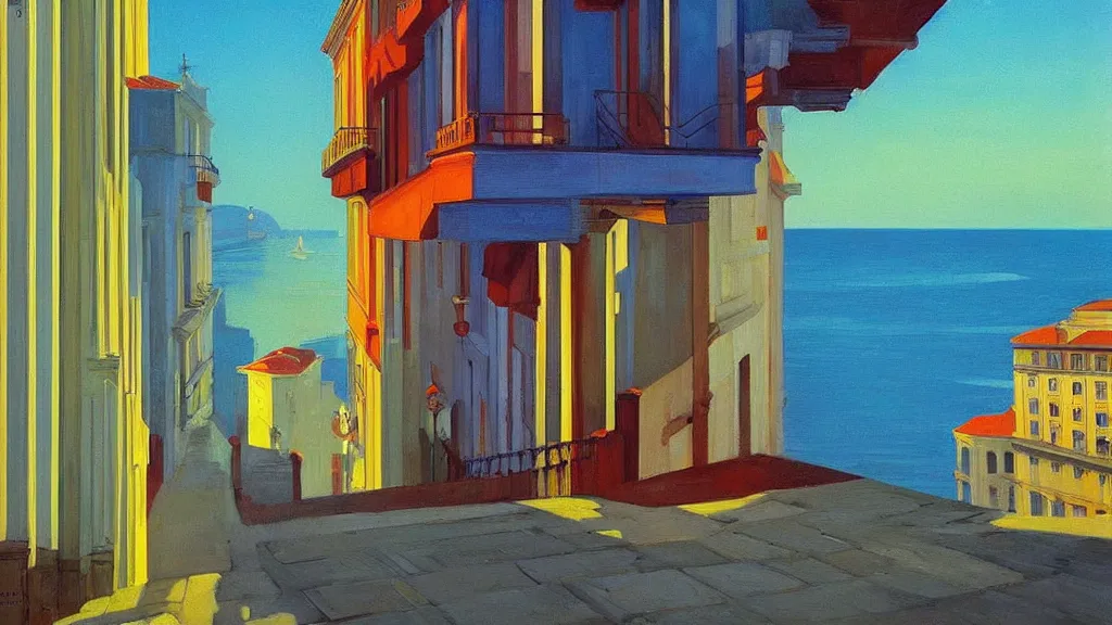 Image similar to street art. paralyzed by the indescribable beauty of the cosmos. amazing view of the sunrise from lisbon. art style by edward hopper daring, incredible