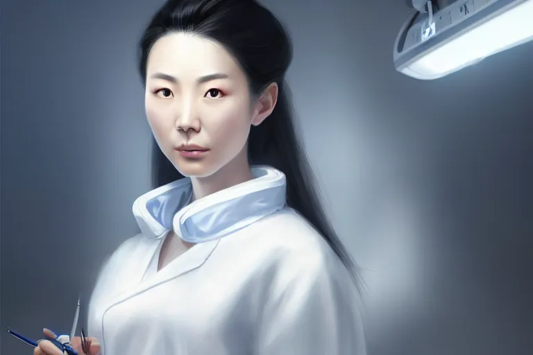 Prompt: an elegant and beautiful chinese female doctor in a white coat in a hospital ward, cinematic, highly detailed, digital painting, artstation, concept art, matte, sharp focus, illustration, art by artgerm and greg rutkowski