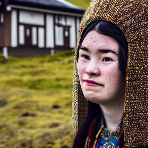 Image similar to ethnographic portraiture photograph of an extremely beautiful!!!! young woman with symmetric face. wearing traditional greenlandic national costume. in iceland. in front of her house. petzval lens. shallow depth of field. on flickr, award winning. national geographic