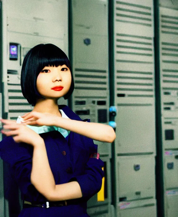 Prompt: asian girl, bobbed and bowl cut hair, pine green hair color, standing in a server room, wearing business casual dress, 4 k, vaporwave, cinecolor, perfect detail