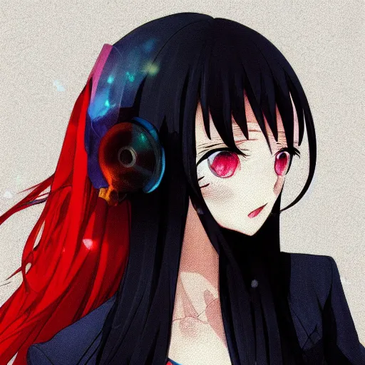 Image similar to a teenage anime girl very long black/red hair, one yellow and one blue eye, intense stare, dream hacking, cinematic lighting, medium shot, MCU, trending on artstation, CSP, Photoshop, WLOP, Rossdraws, James Jean, Andrei Riabovitchev, Marc Simonetti, Anastasia Ovchinnikova, Véronique Meignaud, BEN MAIER and Sakimichan