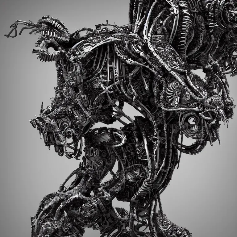 Image similar to surreal biomechanical spinal ribbed tribal exotic organic animal mechanical cyborg, beautiful detailed intricate insanely detailed BW 3D render digital art, octane render, 8K artistic photography, photorealistic