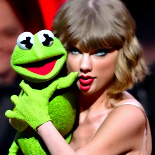Prompt: Paparazzi photograph of Taylor Swift holding Kermit the frog at the Grammy's