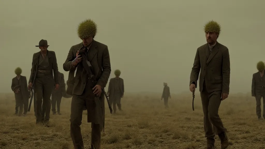 Image similar to the prickly blinders film still from the movie directed by denis villeneuve with art direction by zdzis