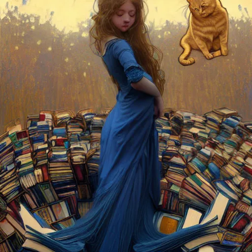 Image similar to A girl in a blue dress standing over a pile of books with golden locks down her back and a black cat at her feet, face, fantasy, intricate, elegant, highly detailed, digital painting, artstation, concept art, smooth, sharp focus, illustration, art by Krenz Cushart and Artem Demura and alphonse mucha