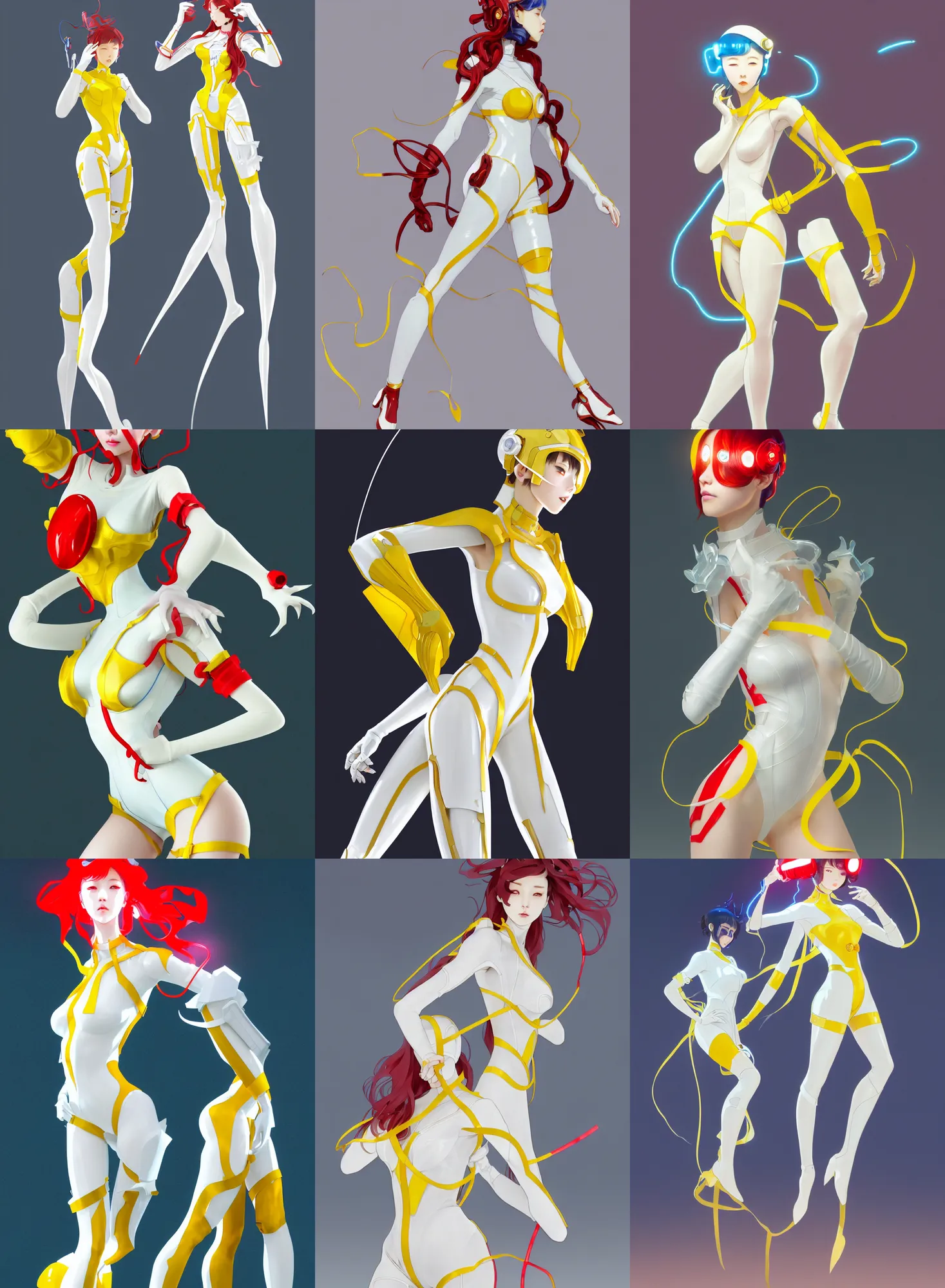 Prompt: a full body character design by loish, hong soonsang, tooth wu, zeen chin, wlop, makoto shinkai and alphonse mucha. white and yellow tape and red translucent plastic tape attctive showgirl!! sci - fi helmet with blue glowing eyes!! sharp edges. contour light!! ultra detailed, elegant, intricate, octane render.