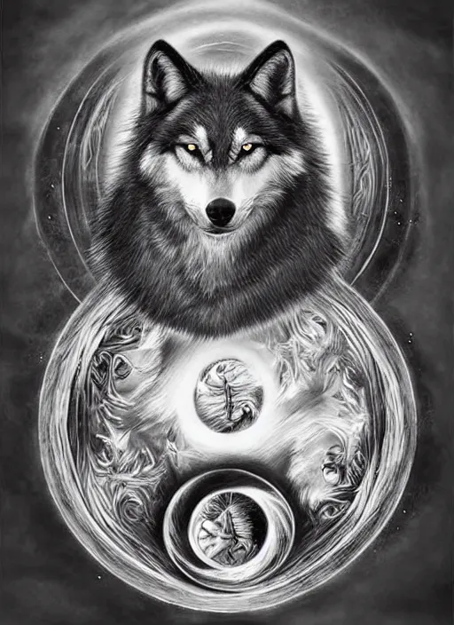 Image similar to a realistic black and white wolf in a yin yang symbol fantasy art, art by collin bogle