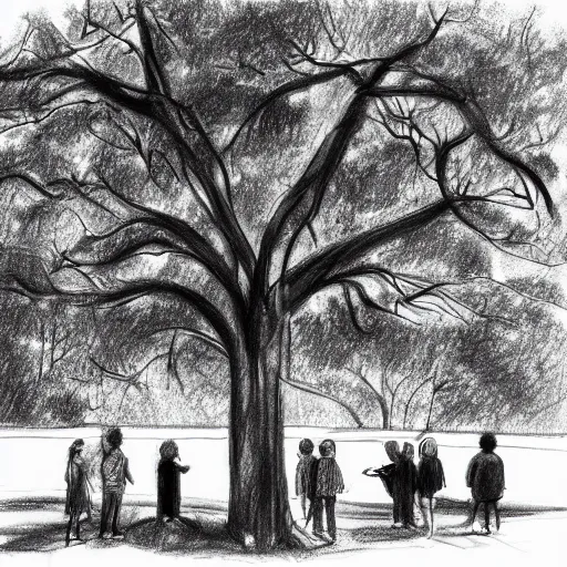 Prompt: a group of people in a park staring up at a gigantic tree, pencil sketch, black and white