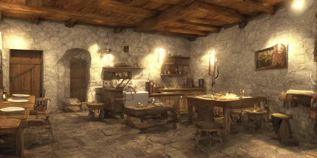 Image similar to medieval cottage interior, unreal engine
