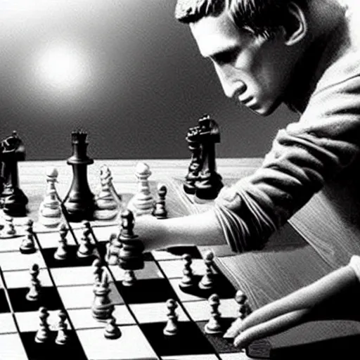 Prompt: a color photo depicting bobby fischer defeating a robot in a chess game