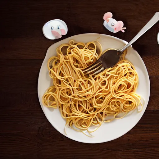 Prompt: photo of mice eating pasta, dynamic lighting