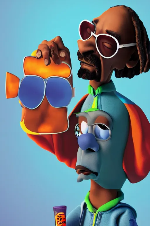 Image similar to snoop dogg, 3 d rendered pixar character, smokey background