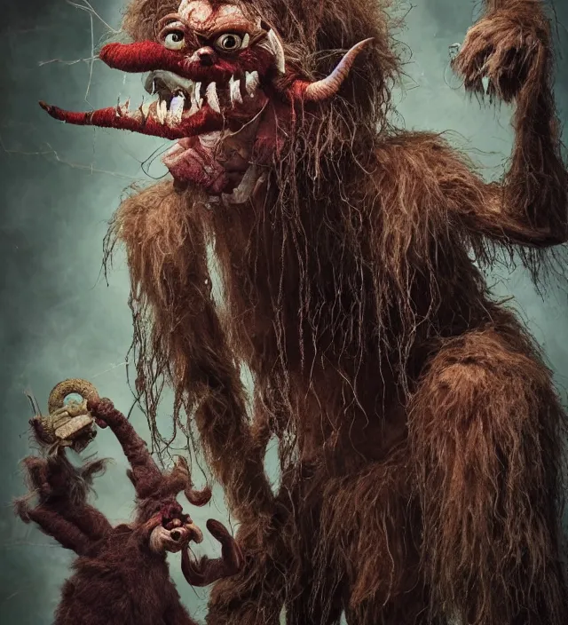 Prompt: hyper realistic photography of indonesian demon hairy fluffy muppet show horror nightmare elf goblin monster with long arms, human anatomy, real teeth, glass beads clay amulets, full body, cinematic symmetric dark _ crystal, brian froud, alan lee, jean baptiste monge, scott radke