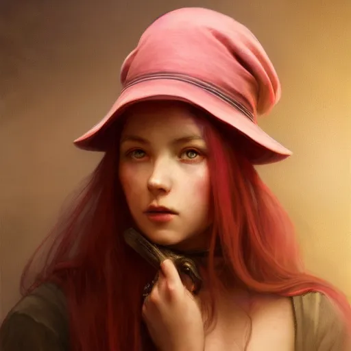 Image similar to a photorealistic dramatic fantasy render of a pink coloured haired young girl with a black wool street hat on her head by wlop, artgerm, greg rutkowski, alphonse mucha, beautiful dynamic dramatic dark moody lighting, shadows, cinematic atmosphere, artstation, concept design art, octane render, 8 k